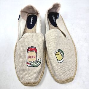 SOLUDOS Beer Shot Smoking Slippers Beige Espadrilles Drink Embroidery Sz 11